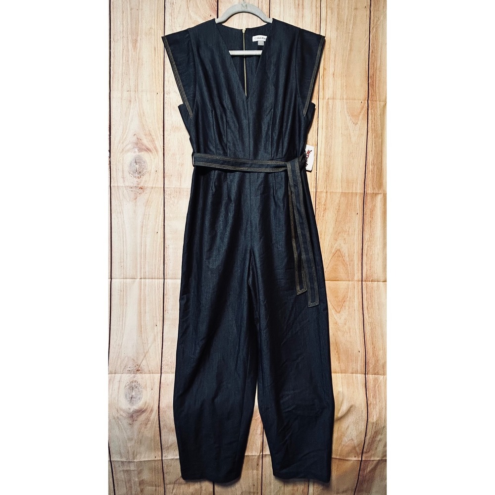 Calvin Klein Jumpsuit Womens 6 Blue Denim Belted V-Neck Wide Leg Minimalist Chic
